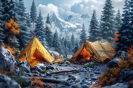森林中的旅行帐篷图片