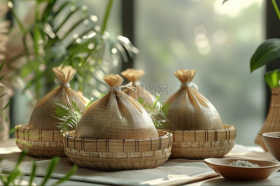 竹篮中的传统粽子图片