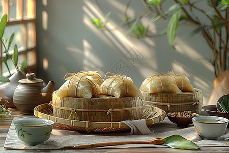 竹篮中的粽子食物图片