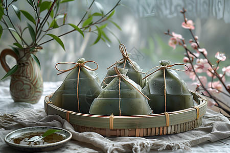 竹篮中清新的粽子图片