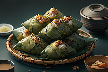 绿叶包裹的糯米粽子图片