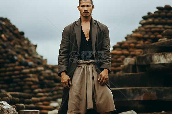 男子身穿传统服饰在堆木前图片
