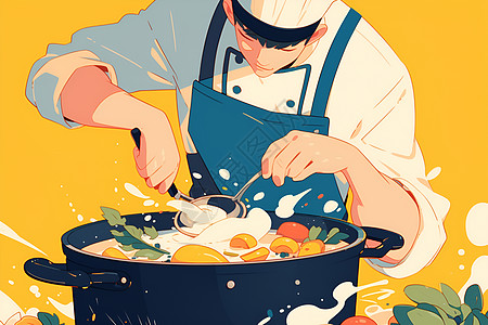 锅食材烹饪美味食材的大厨插画