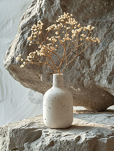 手工制作的花岗岩与一束干花花瓶图片