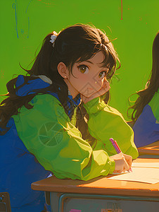 生机勃勃的绿色背景前坐着一个学生图片