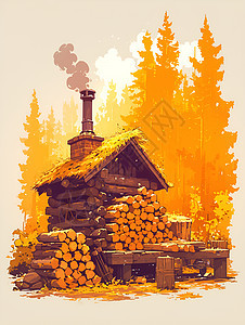 小木屋堆满柴火图片