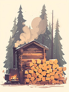 木头小屋旁的柴火图片