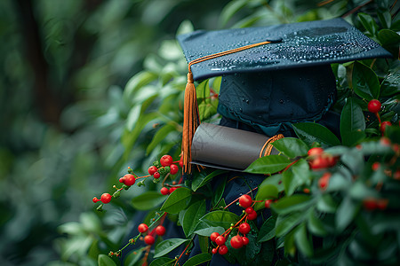 灌木丛中的学士帽和证书图片