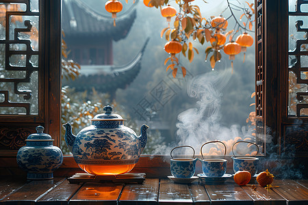 窗台上的茶具图片