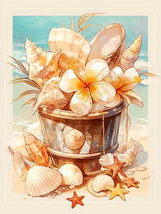 贝壳点缀的花盆图片