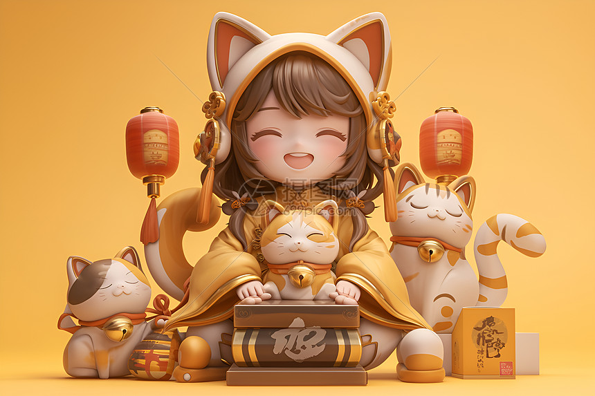 猫塑像上的小女孩图片