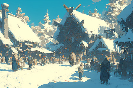 冬日村庄的繁忙场景图片