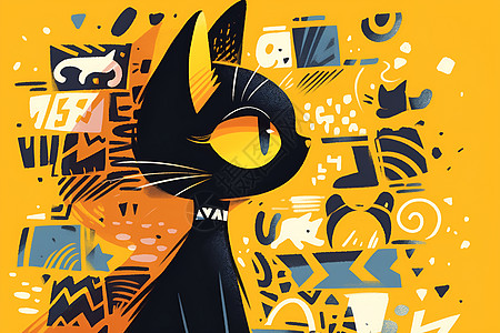 黄色吃货节黄背景上的黑猫插画
