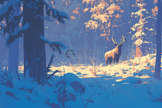 森林雪地的鹿图片
