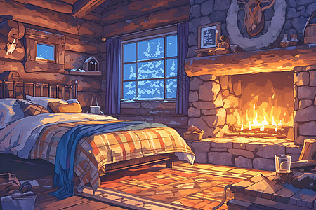 温馨冬日小屋的木质床图片