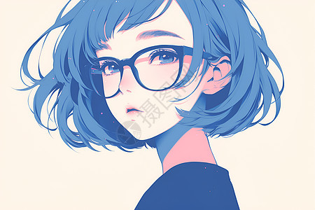 一个戴着蓝框眼镜的女孩图片