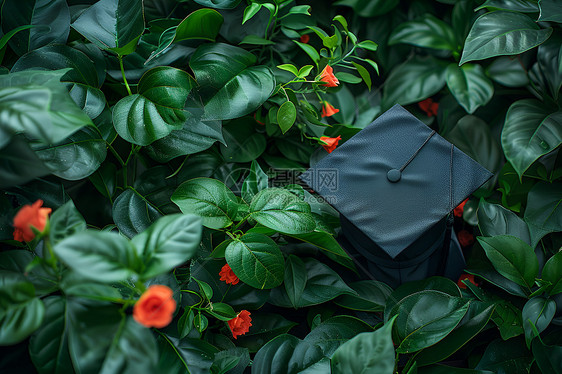 毕业帽与学位证书在青翠葱茏下图片