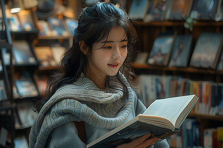 书海中的韩国女子背景图片