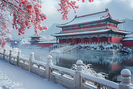 雪景梅花冬日的故宫背景