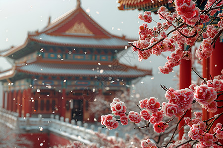 故宫的红梅白雪背景高清图片