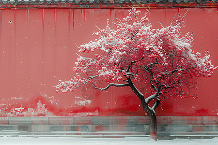 红墙前的梅花图片