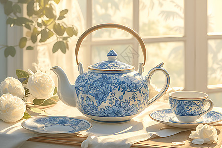 手工打造的蓝白茶壶图片