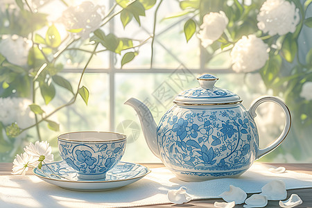 经典蓝白茶壶的美丽图片