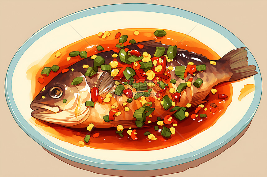 红烧鱼肉插画图片
