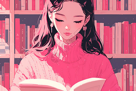 文艺书店里身着粉色衣装的女性图片