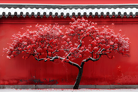 红墙边的梅花树图片