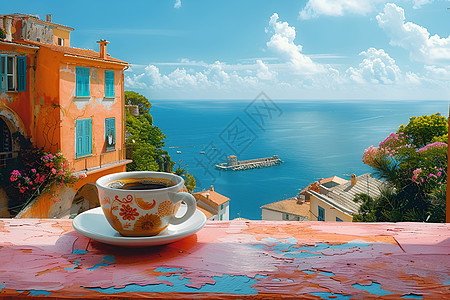 宁静午后阳台上的一杯黑咖啡图片