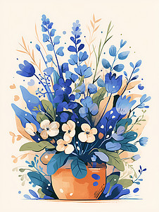 蓝花与绿叶的花瓶图片