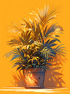 一盆绿叶植物与黄色背景图片