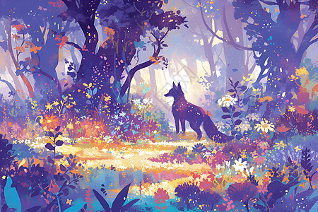 狐狸漫步于奇幻森林中图片素材