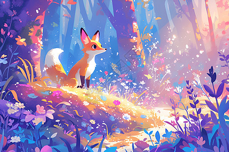 彩色花海间的狐狸图片