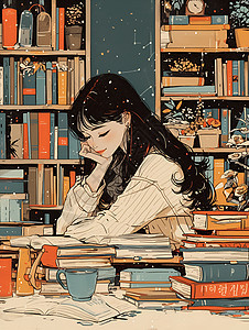 书房看书的女孩图片
