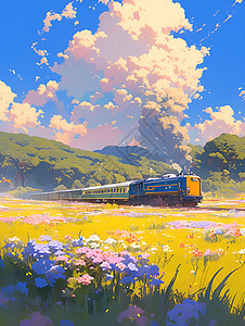 火车穿越彩色花海图片