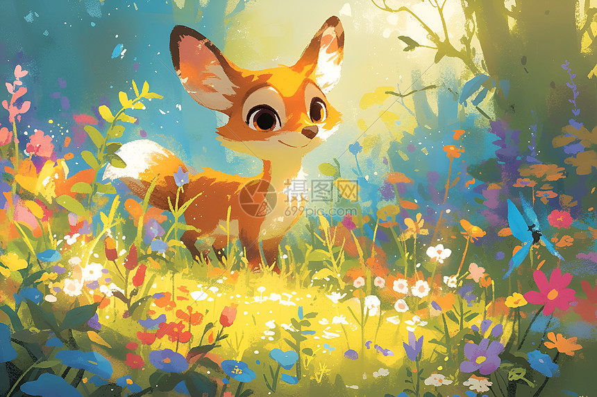 狐狸在花草丛中嬉戏图片