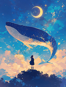 迷幻动画场景女孩和鲸鱼图片