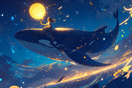 鲸鱼带着女孩畅游星海图片