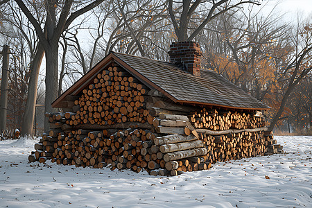 整齐的柴火堆积木屋檐高清图片