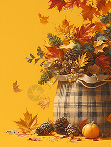 落叶与松果填满的织物袋图片