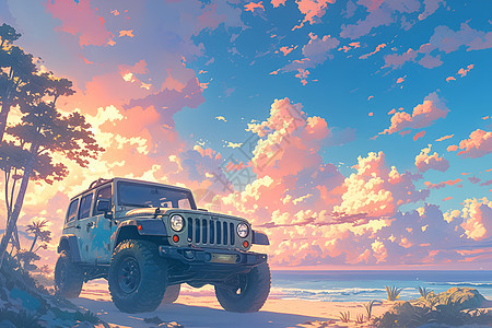 日落时分的沙滩上停着一辆吉普车图片
