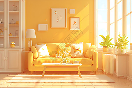 黄色背景阳光客厅里的黄色沙发插画