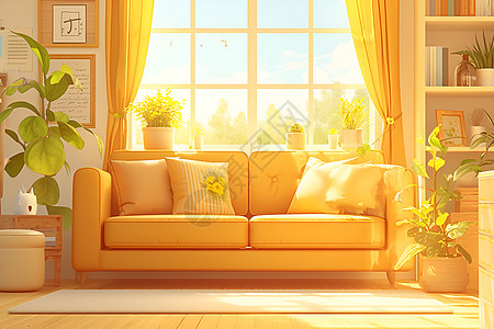 亚麻家居阳光下的舒适沙发插画