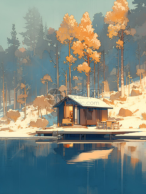湖畔的小木屋图片