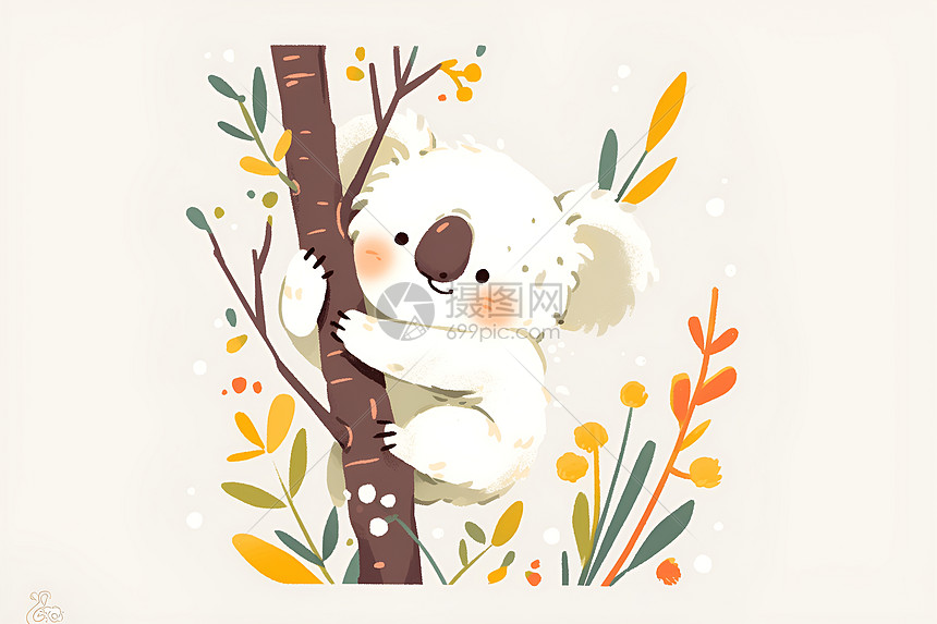 可爱的考拉熊爬上树枝图片