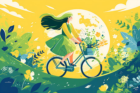 女子骑行在绿色的海洋图片