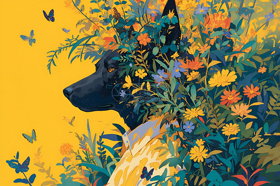 植物花卉背景中的狗狗图片