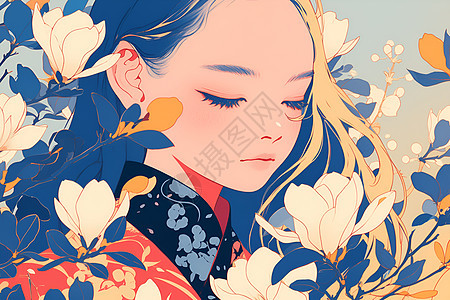 花中少女插画图片